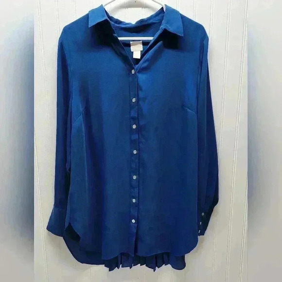 CHICO'S SIZE 2 (Large) Turquoise Pleated Back Button Down Blouse - Picture 3 of 11